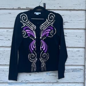 Vintage Ann 90s Y2K Trinity Butterfly Sequin Knit Embroidered Cardigan Sweater